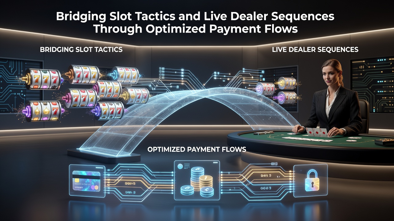 Digital interface showing slot game symbols transitioning into a live dealer table with payment confirmation icons