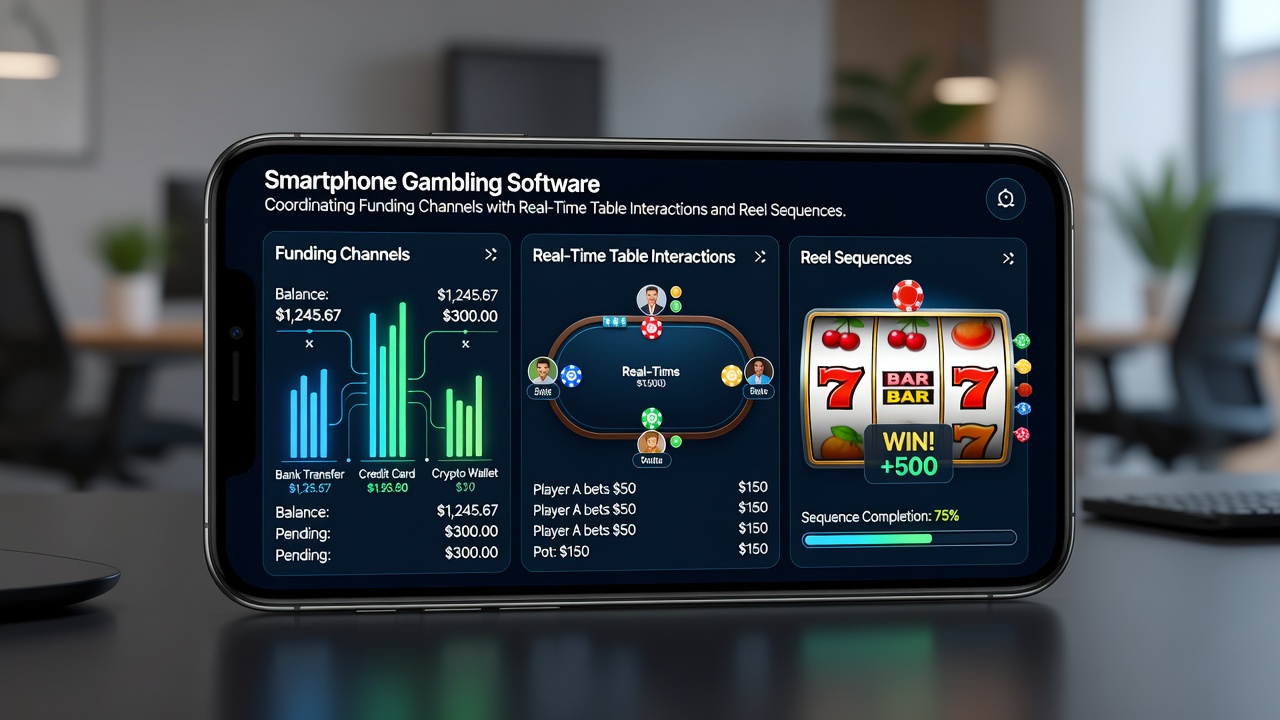 Smartphone displaying synchronized payment processing alongside live table and slot interfaces in gambling software