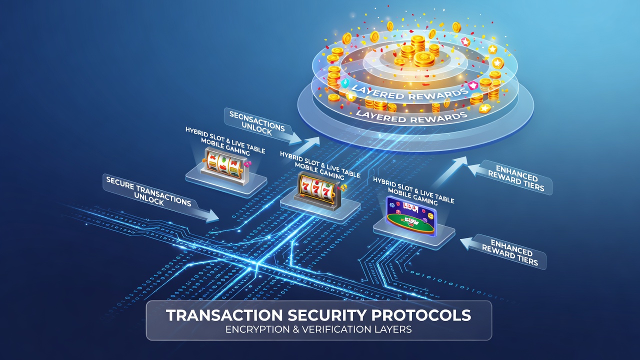 Mobile dashboard illustrating reward layers accumulating during hybrid gameplay with security indicators active
