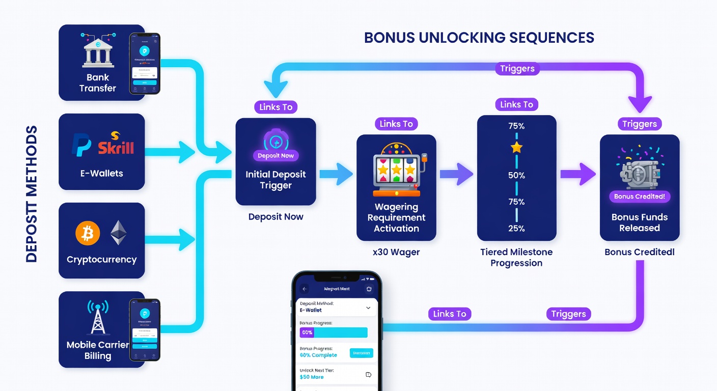 Screenshot examples of mobile app interfaces showing deposit selection screens linked to active bonus progress trackers