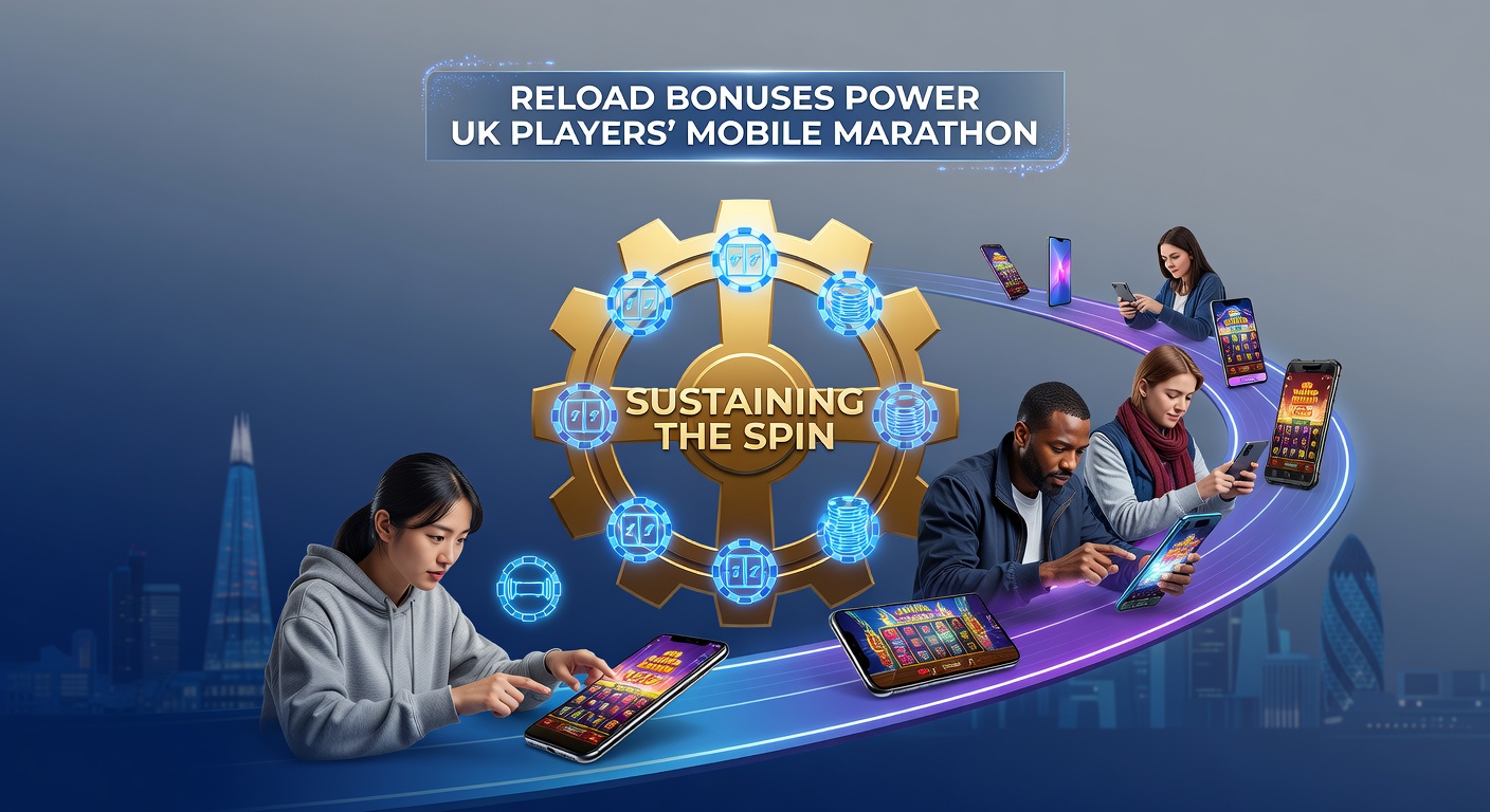 Mobile phone screen displaying a vibrant reload bonus offer in a UK casino app, with spinning slots and bonus credits highlighted